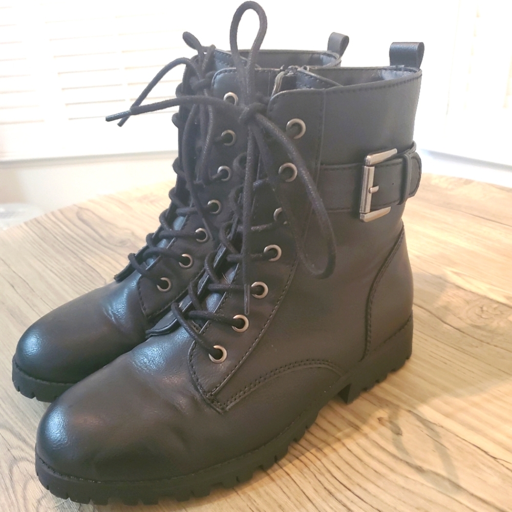 So | Black Faux Leather Combat Boots